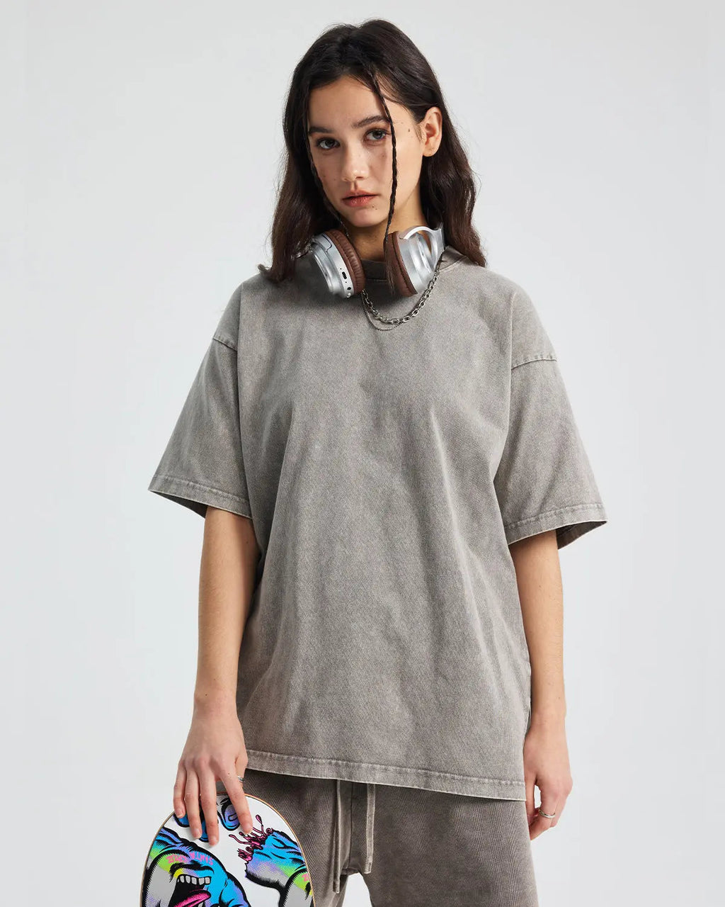 Light blue snow-washed oversized T-shirt from Flation Streetwear, showcasing a relaxed fit and casual street style.