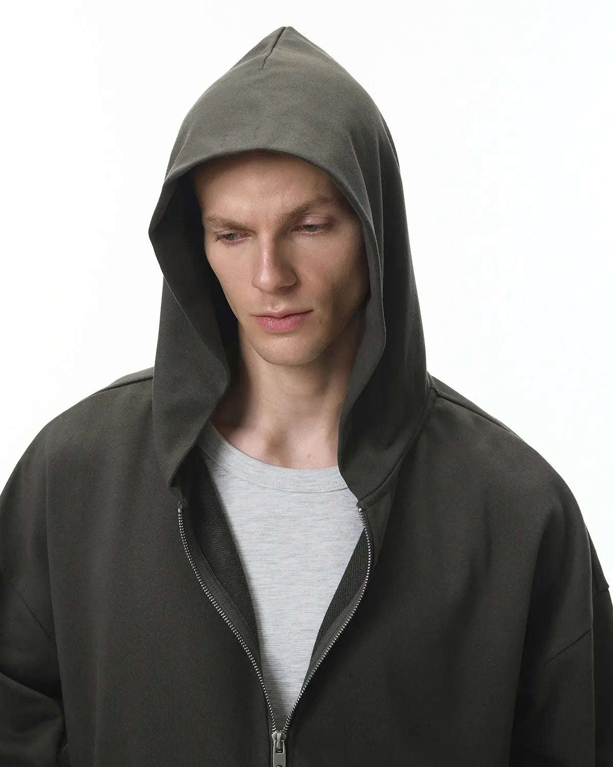 Light grey Flation streetwear French Terry zip-up hoodie with front pockets and adjustable drawstrings.