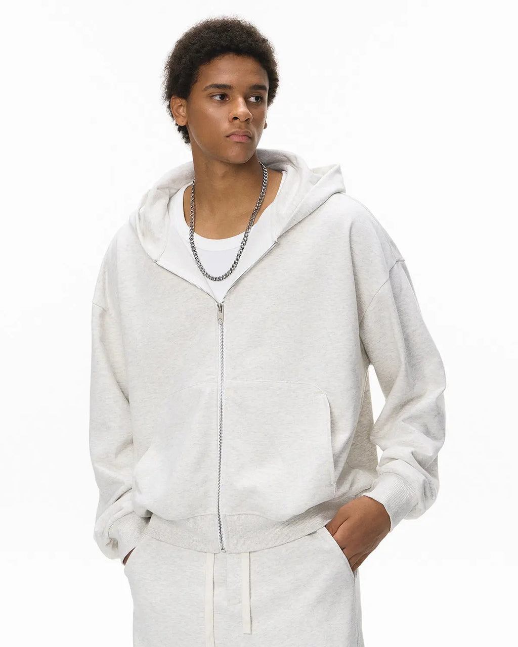 Light grey French Terry zip-up hoodie by Flation Streetwear, featuring a comfortable fit and casual style.