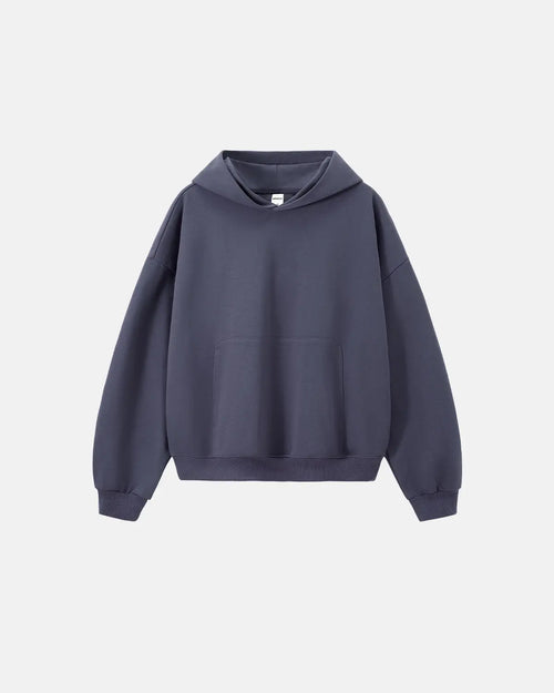 Blank boxy fit French Terry hoodie by Flation Streetwear, shown in neutral color with a relaxed, oversized silhouette.
