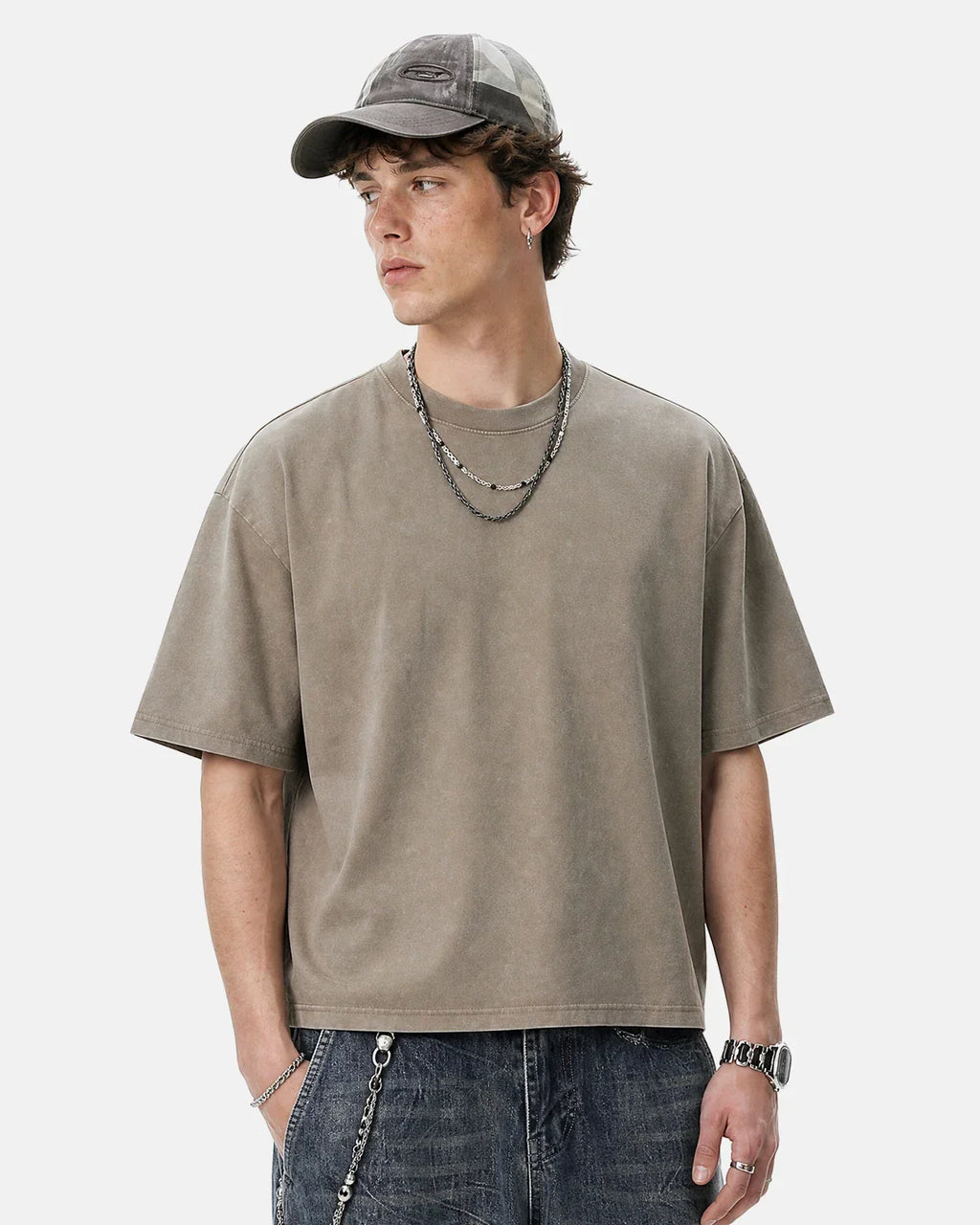 Mid-grey Flation Snow Washed Heavyweight Boxy T-Shirt, front view showcasing its relaxed fit and soft, textured fabric.