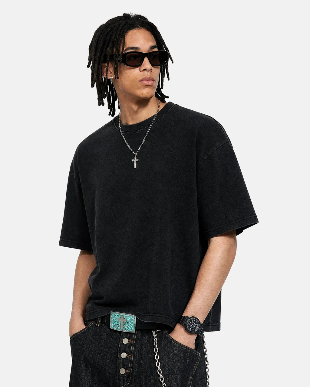 Mid-grey Snow Washed Heavyweight Boxy T-Shirt by Flation Streetwear, showing a relaxed fit and textured fabric.