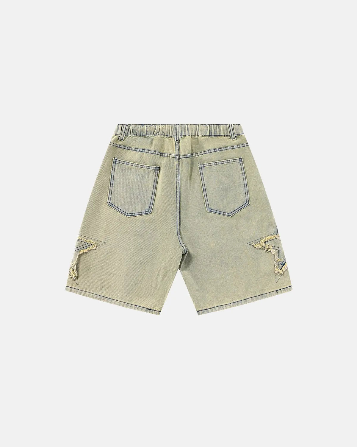 Muddy yellow Star Patch distressed baggy jorts by Flation Streetwear, featuring ripped details and relaxed fit.