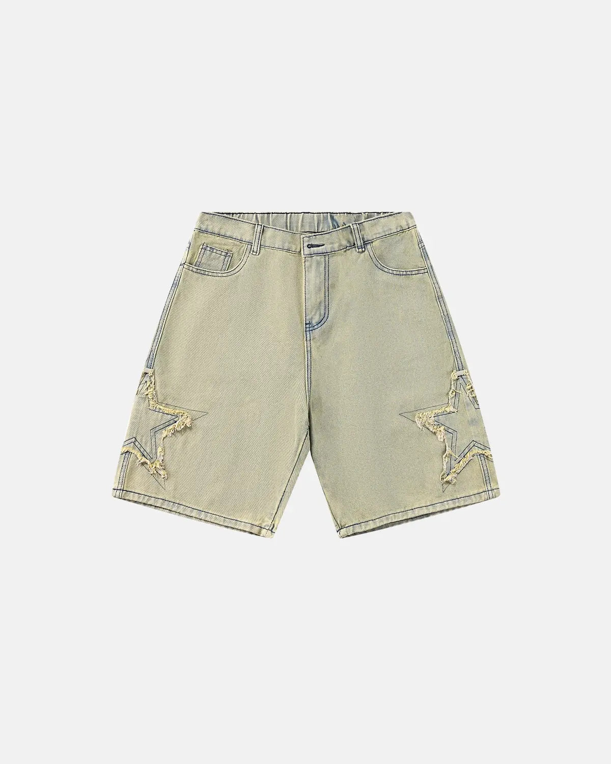 Muddy yellow star patch distressed baggy jorts by Flation Streetwear featuring ripped denim and relaxed fit.