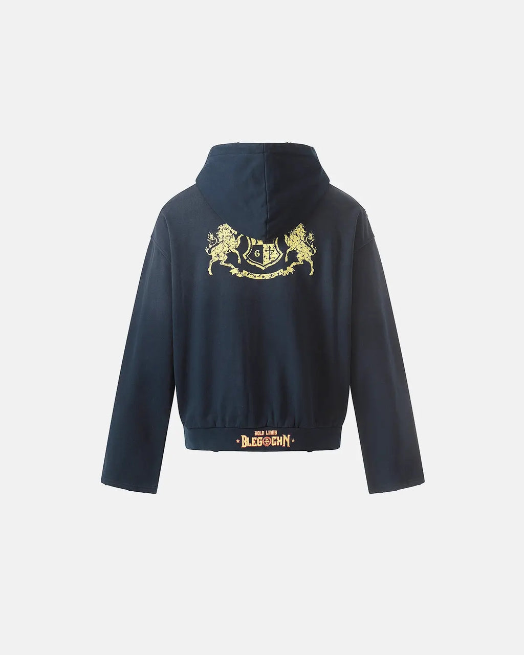 Navy blue distressed washed printed zip-up hoodie by Flation Streetwear with graphic design and casual fit.