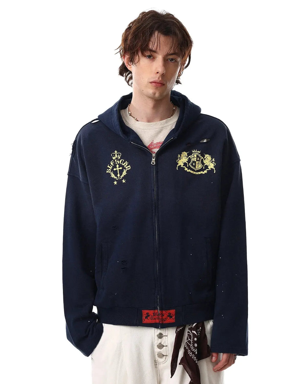 Navy blue distressed washed printed zip-up hoodie by Flation Streetwear with graphic design and casual fit.
