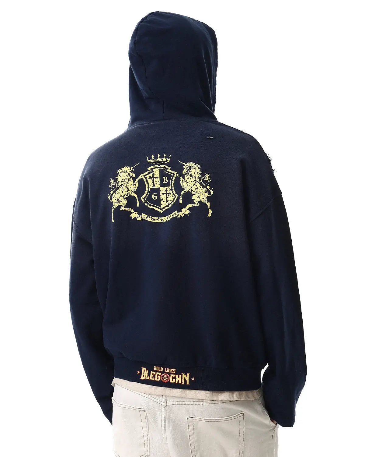 Navy blue distressed washed printed zip-up hoodie by Flation Streetwear with casual style and graphic design.