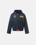 Navy blue distressed washed printed zip-up hoodie by Flation Streetwear, featuring a casual fit and graphic print on the front.