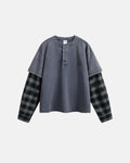 Navy blue distressed plaid layered long sleeve tee by Flation Streetwear, featuring a casual, layered design and relaxed fit.