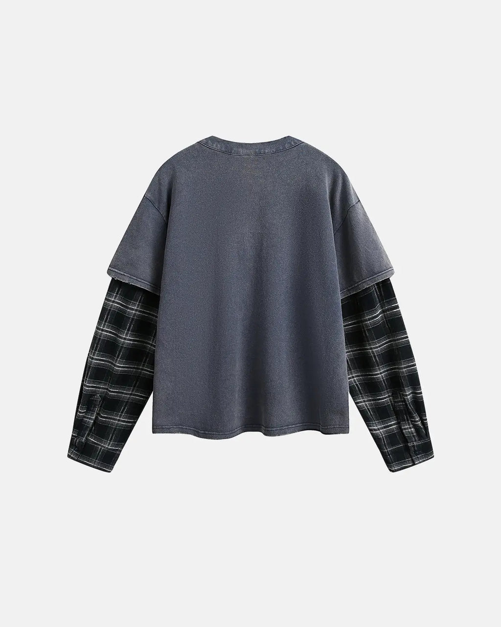 Navy blue distressed plaid layered long sleeve tee by Flation Streetwear, casual street-style shirt with a relaxed fit.