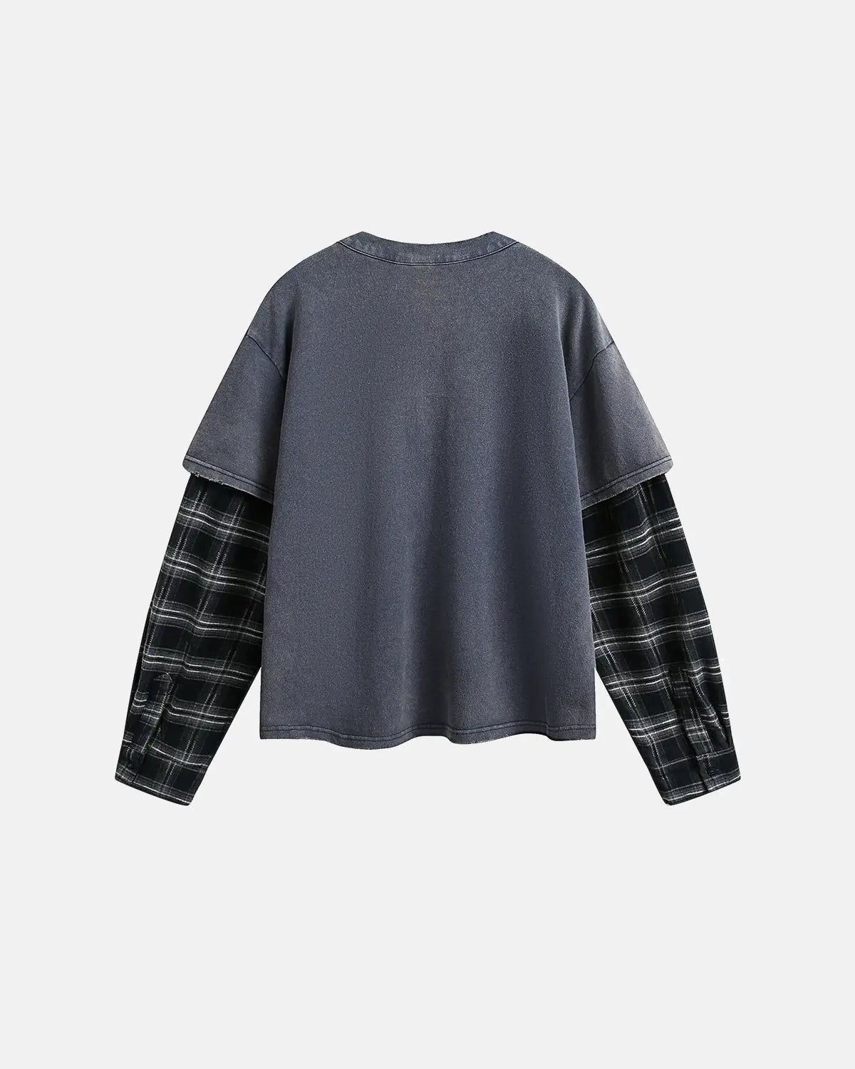 Navy blue distressed plaid layered long sleeve tee by Flation Streetwear, casual street-style shirt with a relaxed fit.