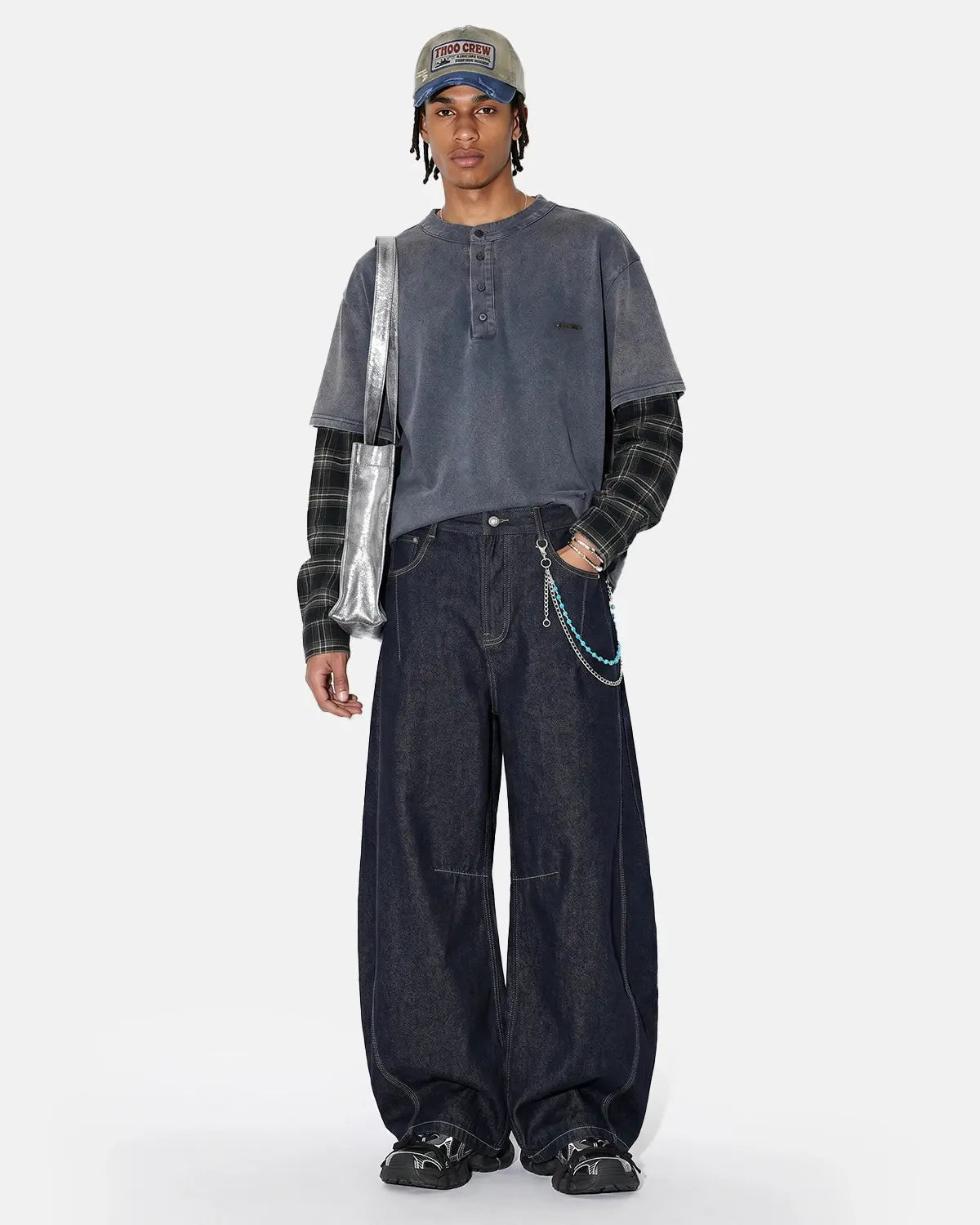 Navy blue distressed plaid layered long sleeve tee by Flation Streetwear, featuring a casual, layered design and relaxed fit.
