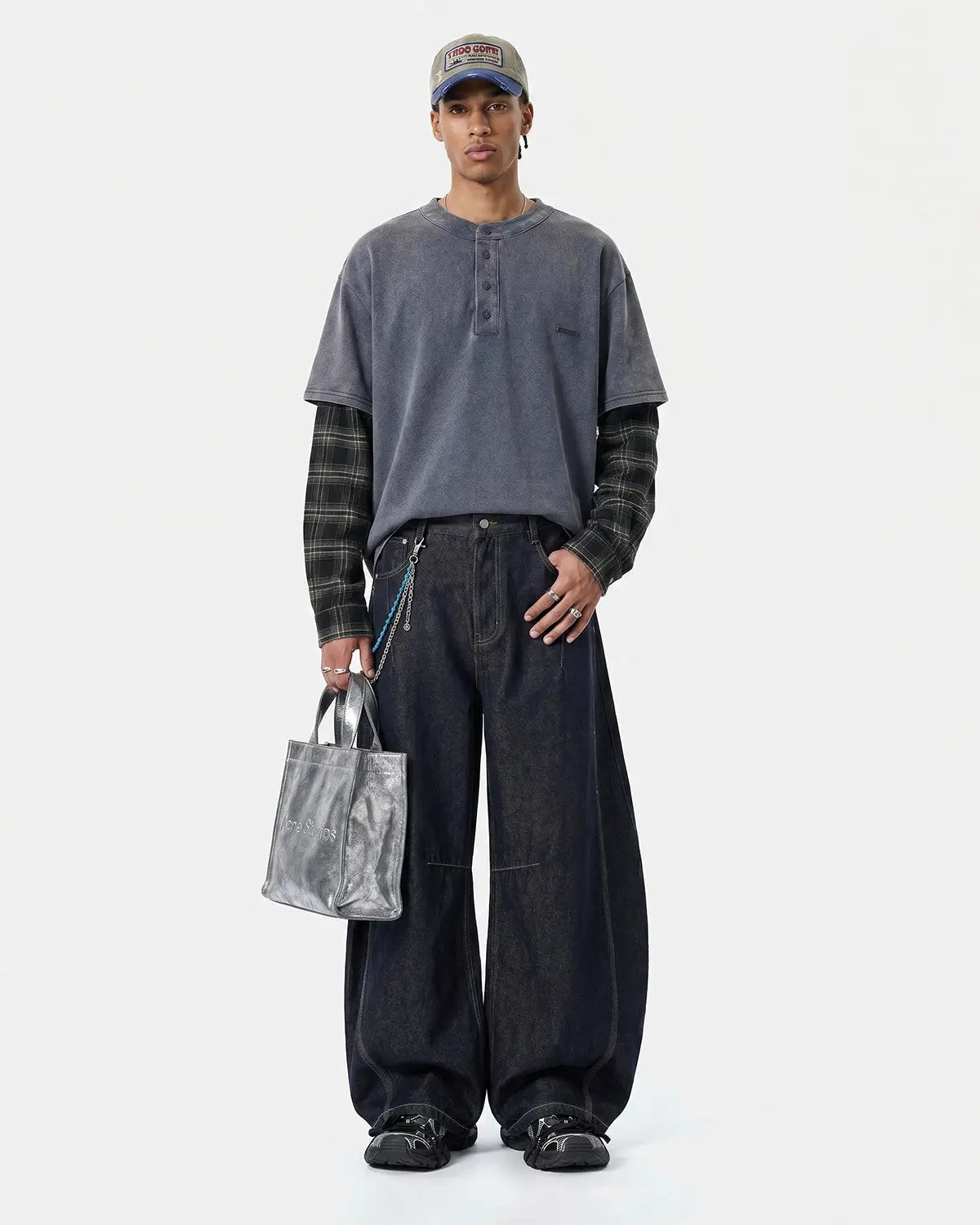 Navy blue distressed plaid layered long sleeve tee by Flation Streetwear, featuring a casual, layered design and relaxed fit.