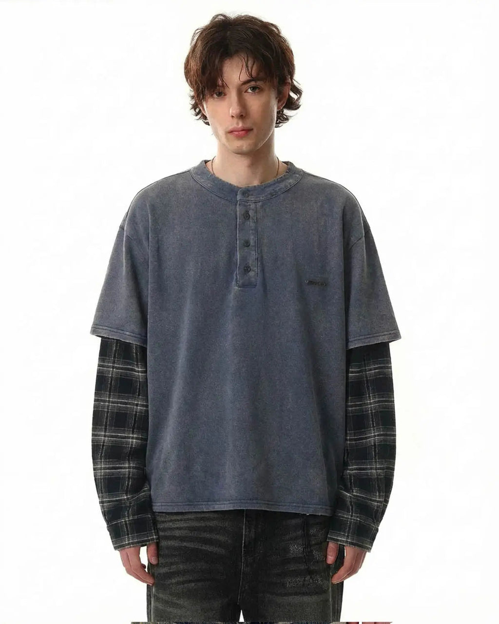 Navy blue distressed plaid layered long sleeve tee by Flation Streetwear, featuring a casual layered design and relaxed fit.