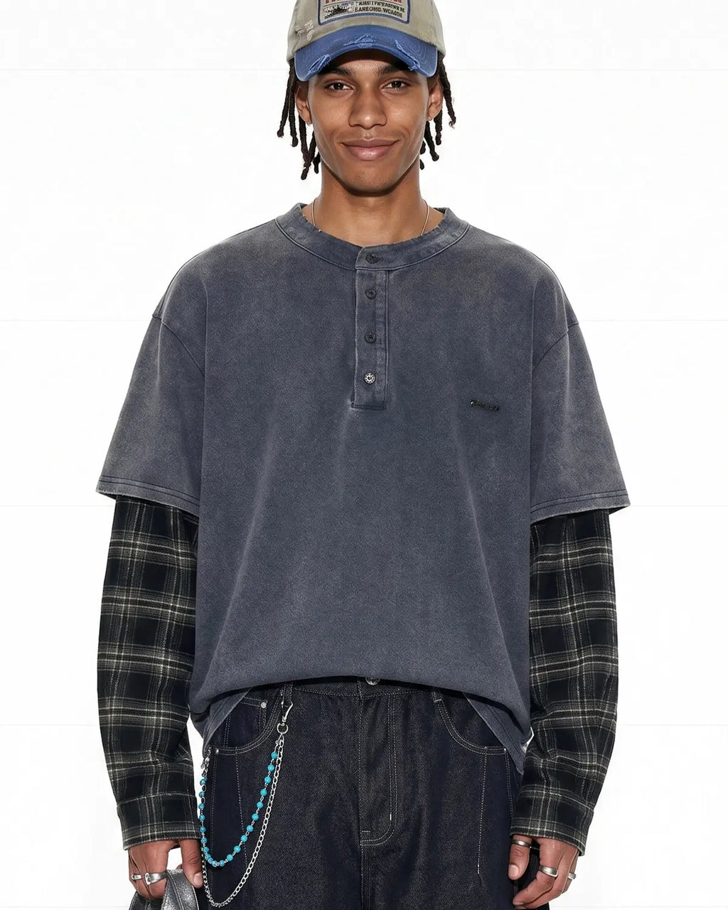 Navy blue distressed plaid layered long sleeve tee by Flation Streetwear, featuring a casual, layered design and relaxed fit.