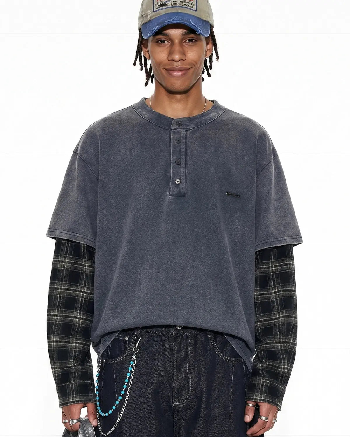 Navy blue distressed plaid layered long sleeve tee by Flation Streetwear, featuring a casual, layered design and relaxed fit.