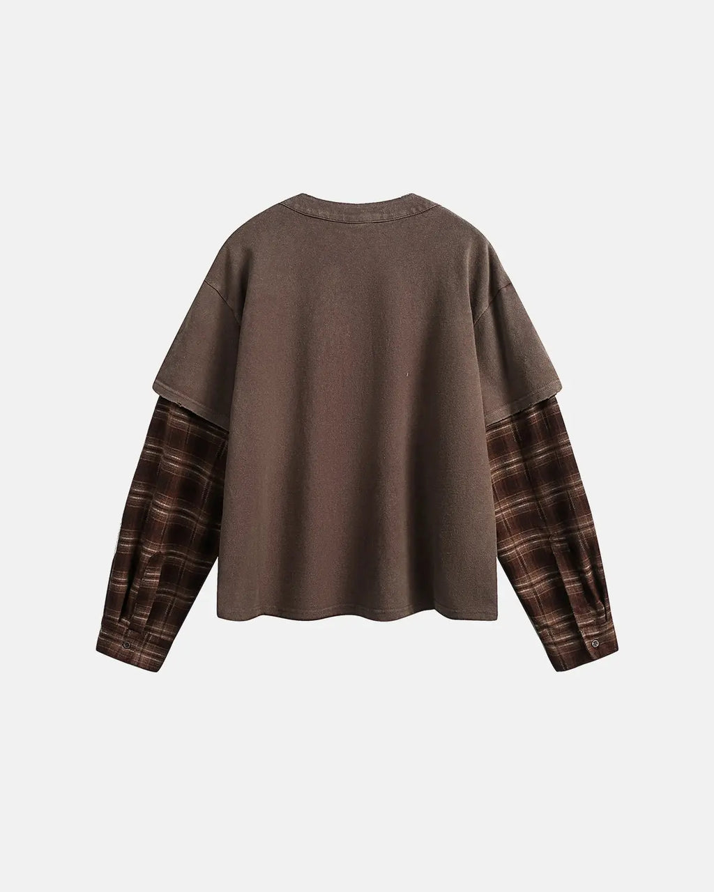 Navy blue distressed plaid layered long sleeve tee from Flation Streetwear, casual streetwear style with layered design.