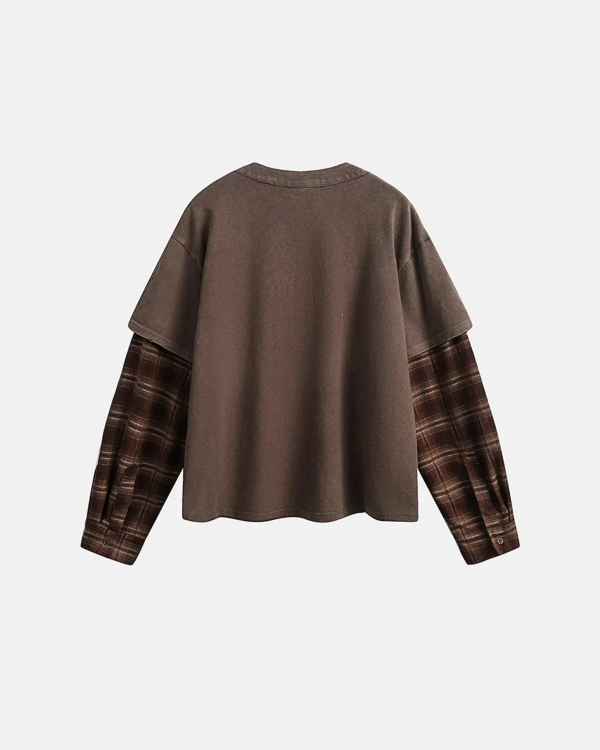 Navy blue distressed plaid layered long sleeve tee from Flation Streetwear, casual streetwear style with layered design.