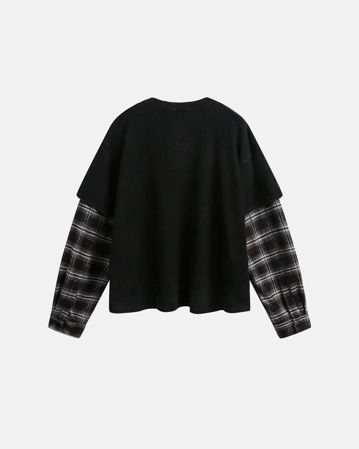 Navy blue distressed plaid layered long sleeve tee by Flation Streetwear, casual streetwear style, relaxed fit and textured fabric.