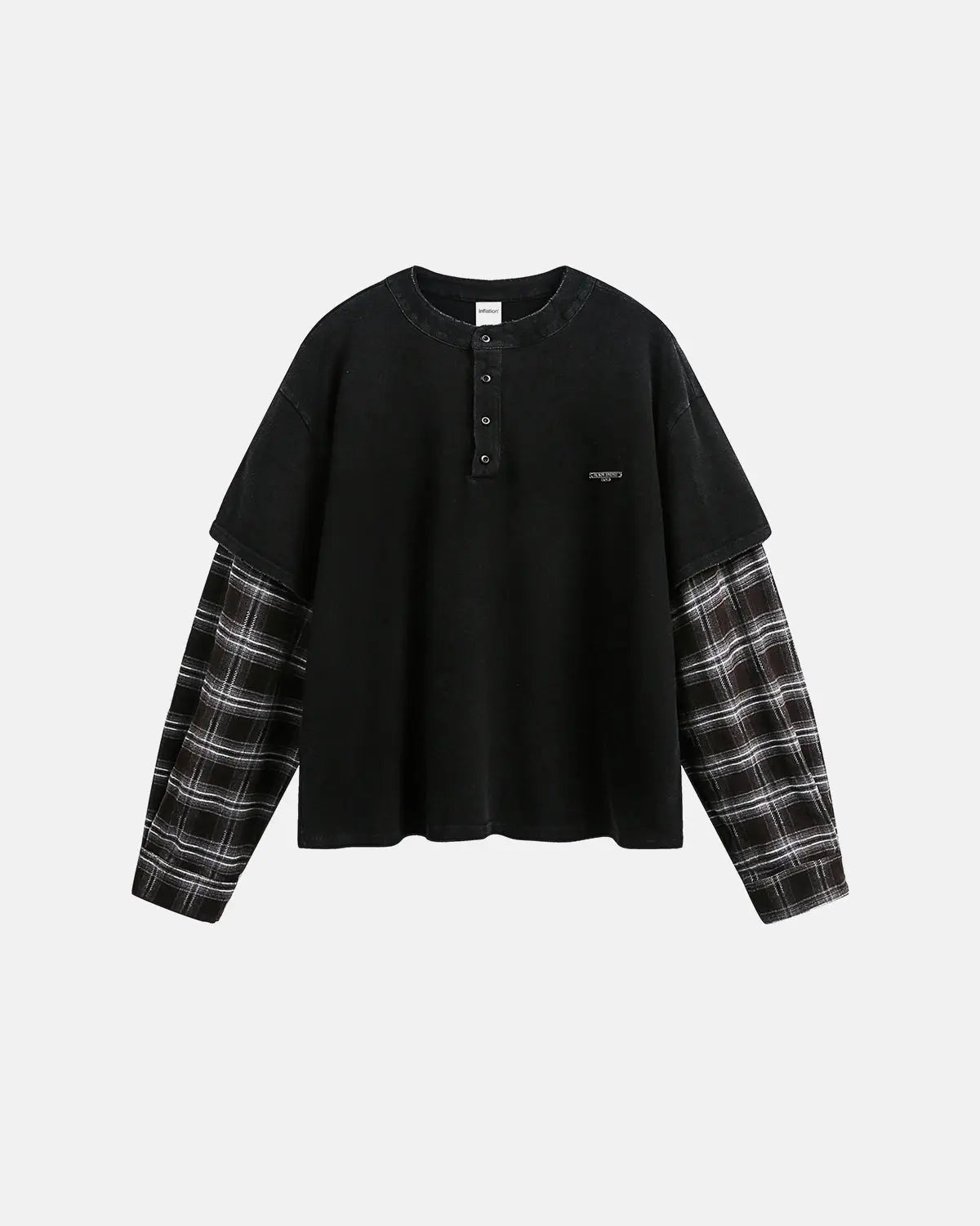 Navy blue distressed plaid layered long sleeve tee by Flation Streetwear, featuring a relaxed fit and casual street style.