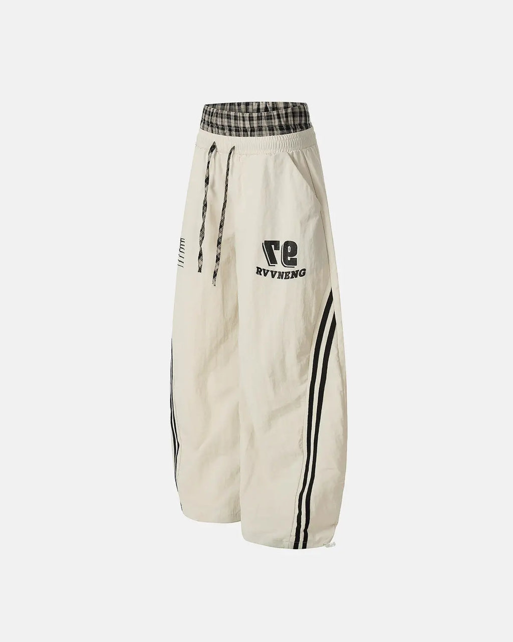 Flation plaid double waist baggy track pants with relaxed fit, featuring a stylish plaid pattern and casual streetwear design.