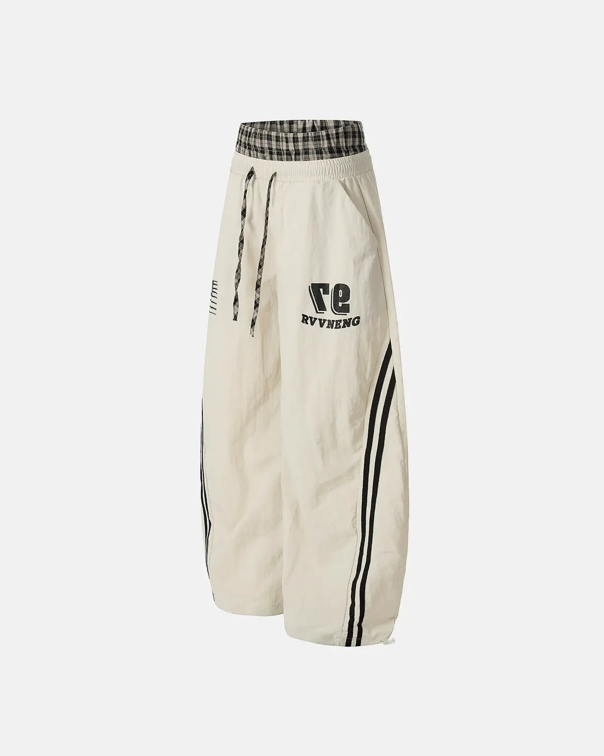 Flation plaid double waist baggy track pants with relaxed fit, featuring a stylish plaid pattern and casual streetwear design.