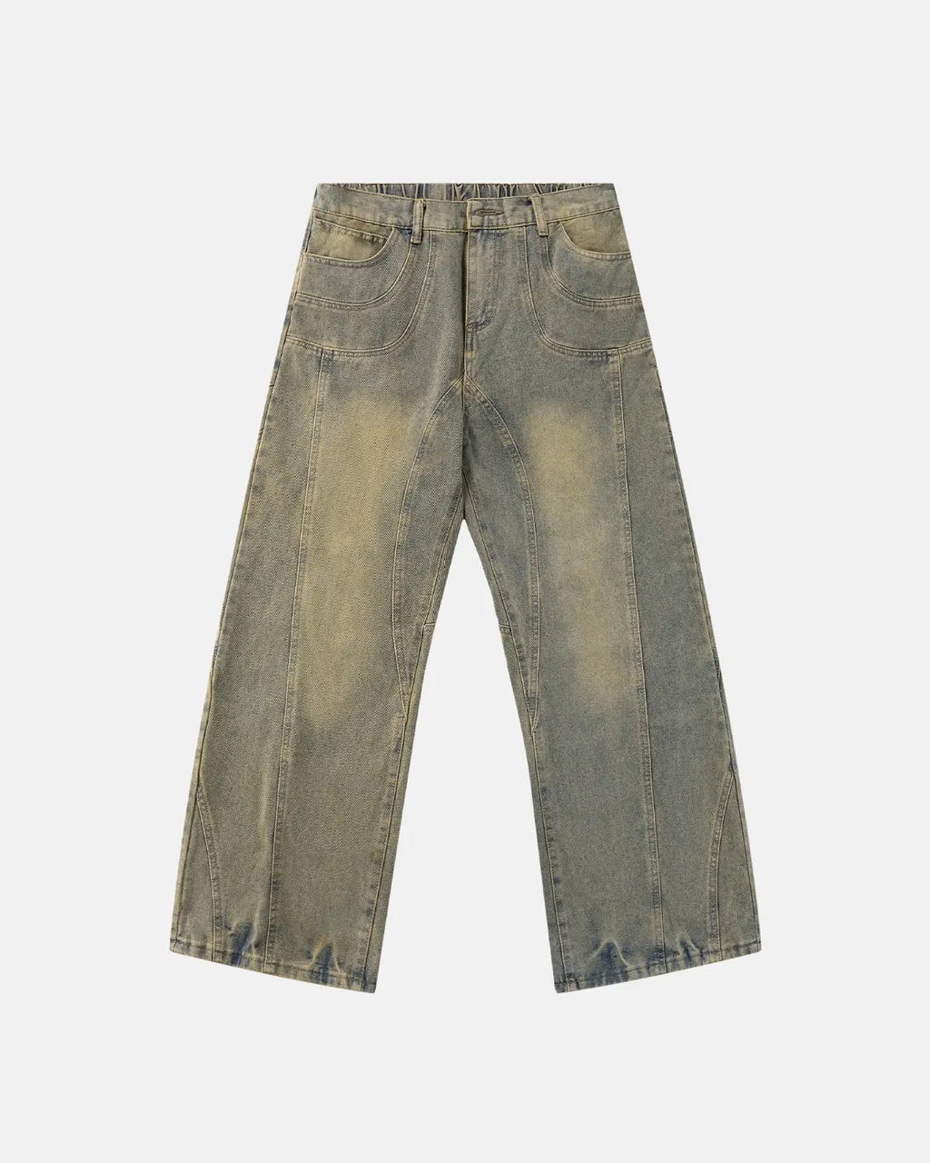 Inflation Streetwear curved panel straight-leg jeans, denim pants with a fitted waist and classic straight-leg cut, front view.