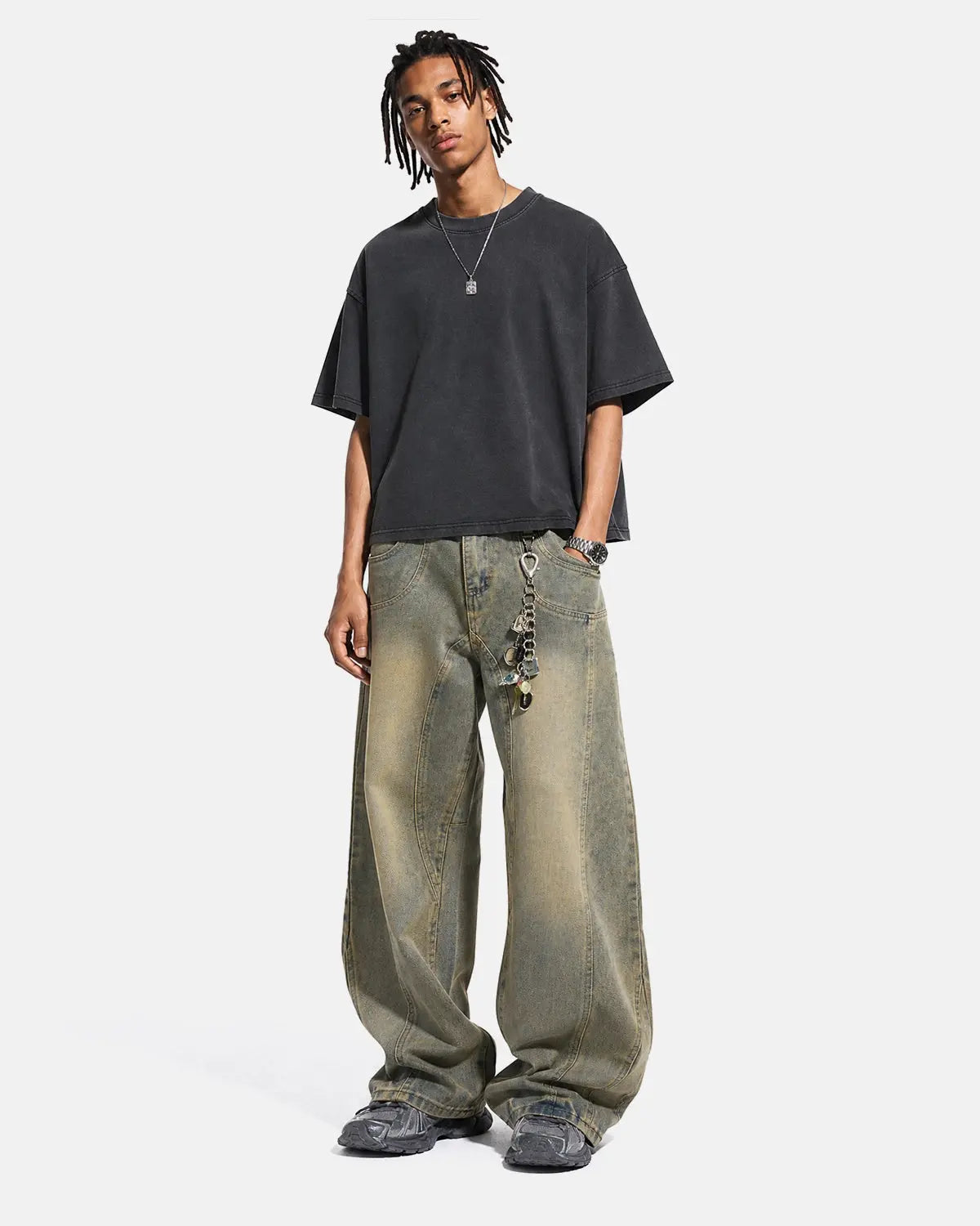 Curved panel straight-leg jeans by INFLATION Streetwear, showing denim pants with a relaxed fit and clean design.