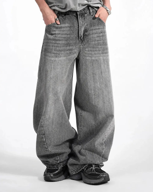 Inflation Streetwear bamboo weave barrel jeans, stylish pants featuring textured bamboo pattern and relaxed fit.