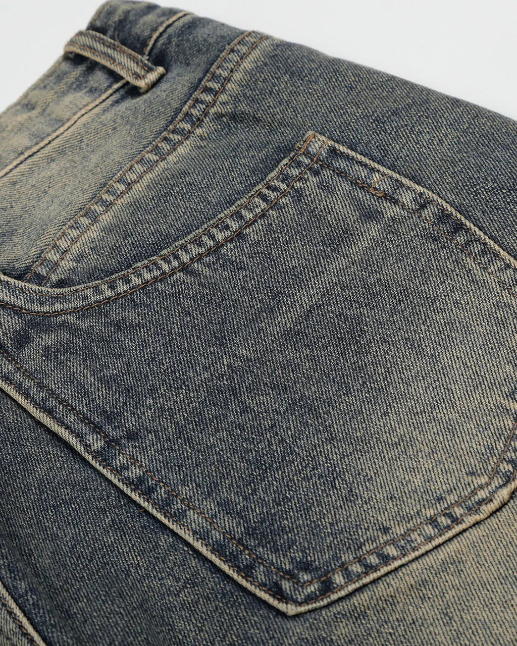 Flation streetwear acid washed jorts with cinch back buckle, casual denim pants featuring distressed details and a relaxed fit.