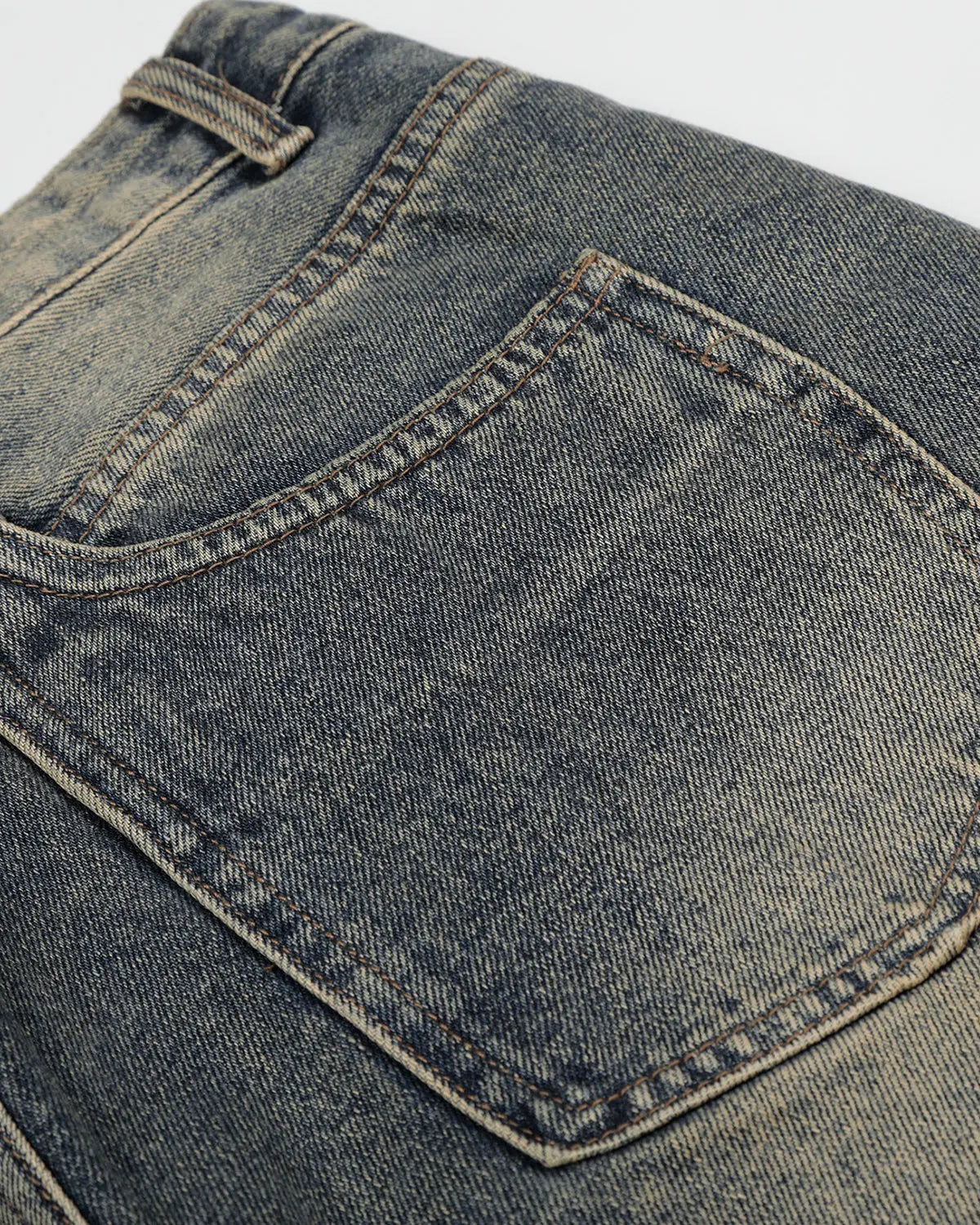 Flation streetwear acid washed jorts with cinch back buckle, casual denim pants featuring distressed details and a relaxed fit.