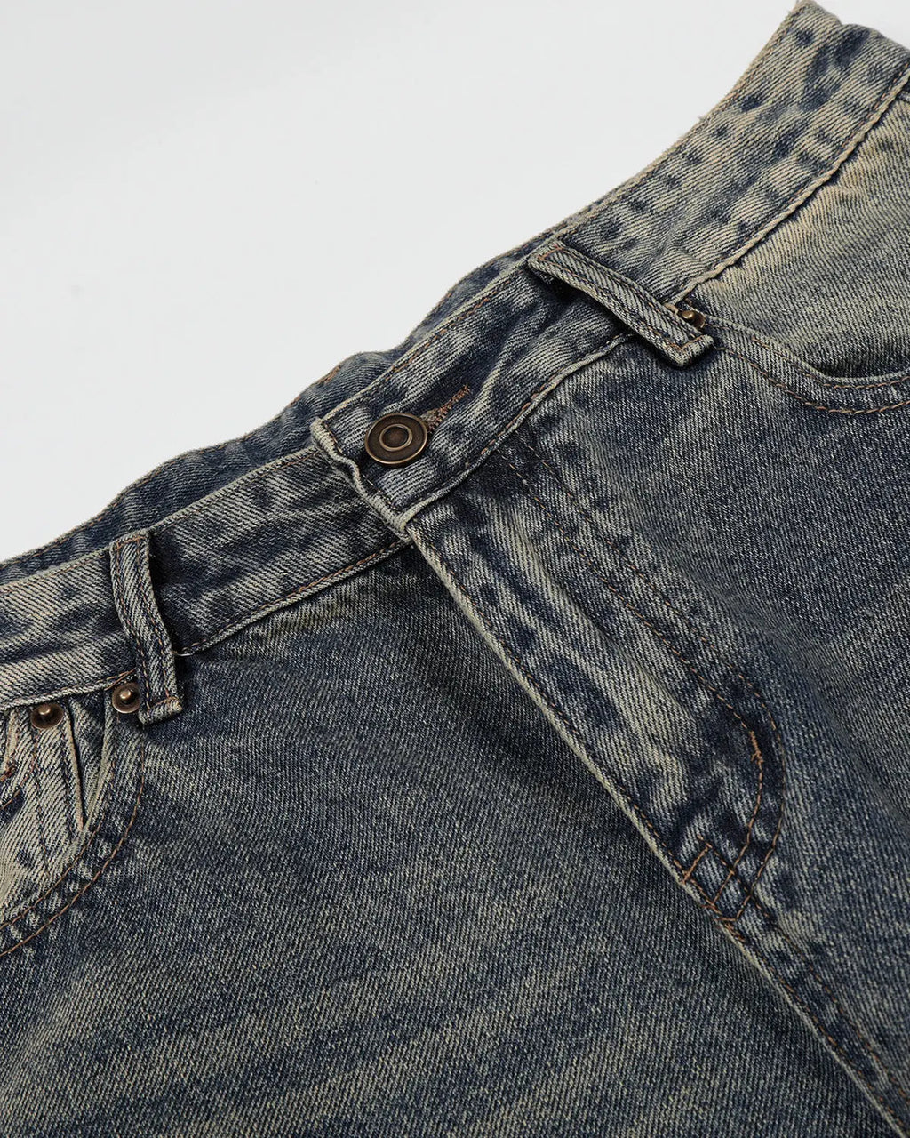 Flation acid-washed jorts with cinch back buckle, denim streetwear pants featuring distressed design and casual fit.