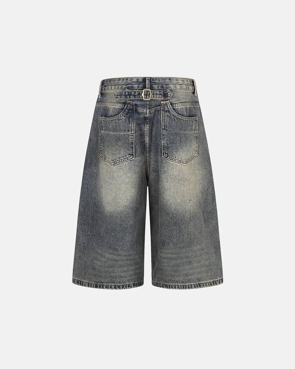 Flation Cinch Back Buckle Acid Washed Jorts, streetwear denim pants with buckle detail and distressed acid wash finish.