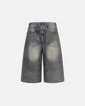Flation Cinch Back Buckle Acid Washed Jorts, streetwear denim pants with buckle detail and distressed acid wash finish.