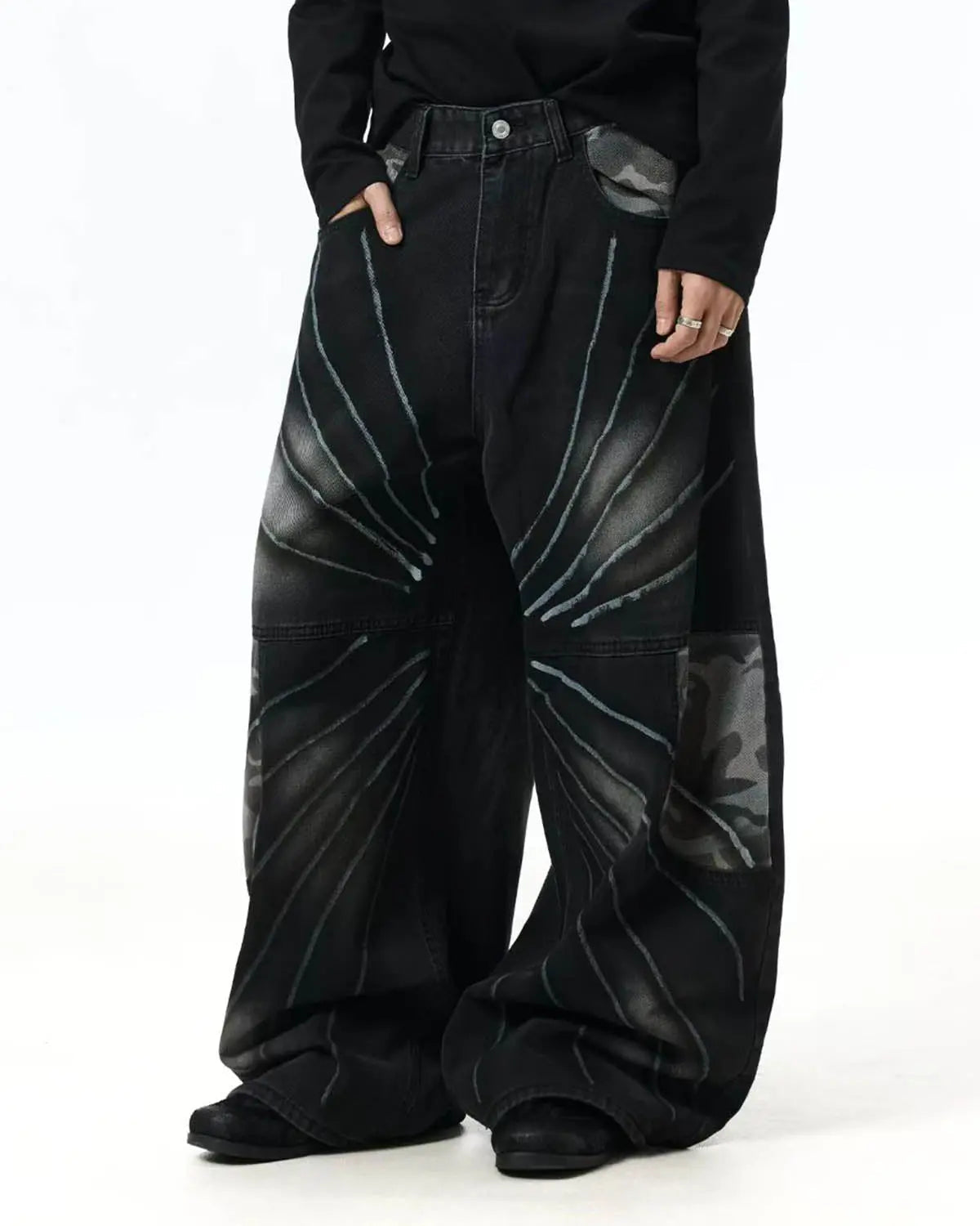 Flation Spray Graphic Camo Barrel Jeans, streetwear pants with spray paint-inspired camouflage design and relaxed fit.