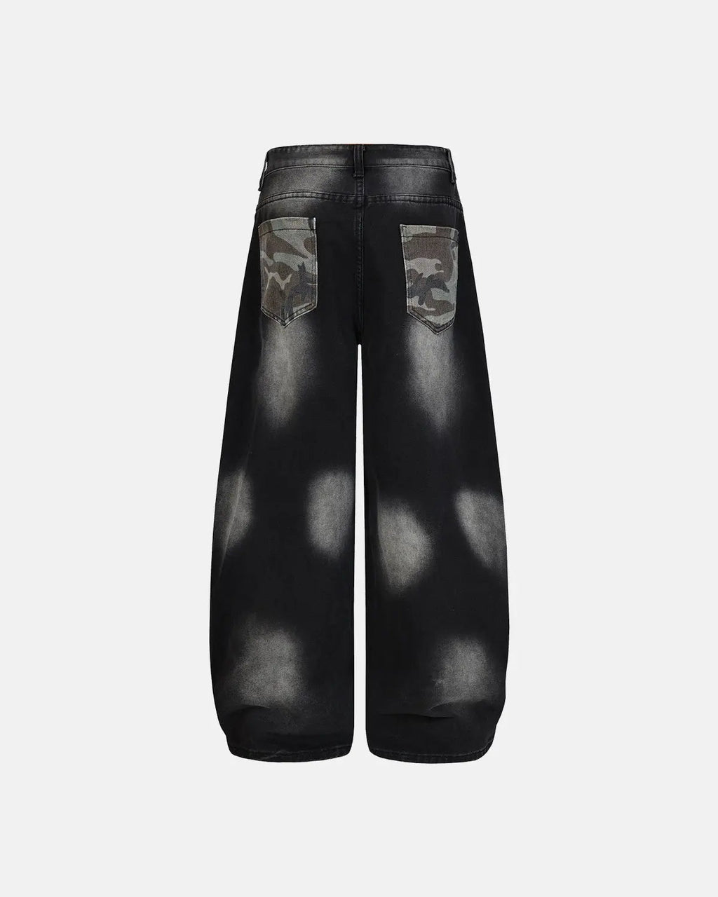 Flation Spray Graphic Camo Barrel Jeans, streetwear pants with bold camo pattern and graphic design, shown front view.