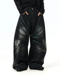 Flation Spray Graphic Camo Barrel Jeans, streetwear pants with spray pattern, relaxed fit, and bold camouflage design.