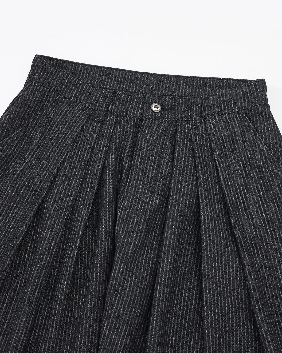 Vintage pinstripe pleated barrel jeans by Flation Streetwear, showing the relaxed fit and classic design of the pants.