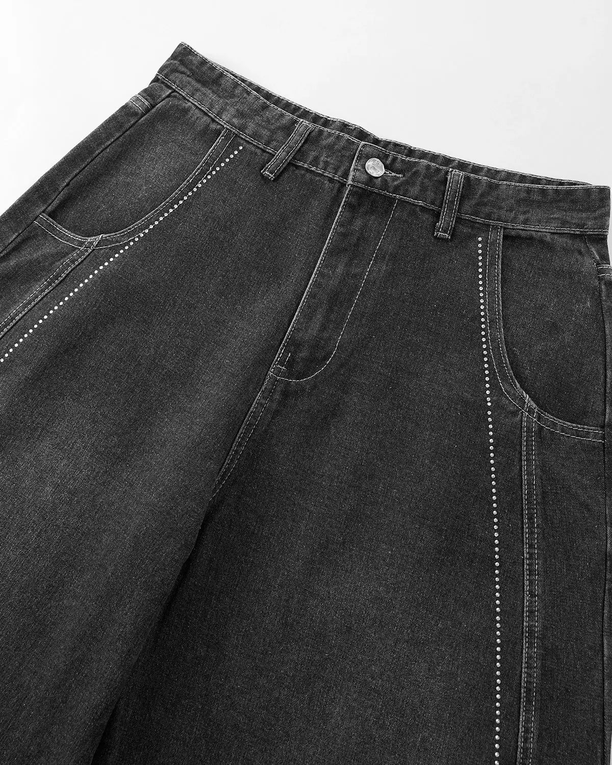 Flation Rhinestone Stitching Barrel Jeans, stylish streetwear pants with decorative rhinestone details and a relaxed fit.