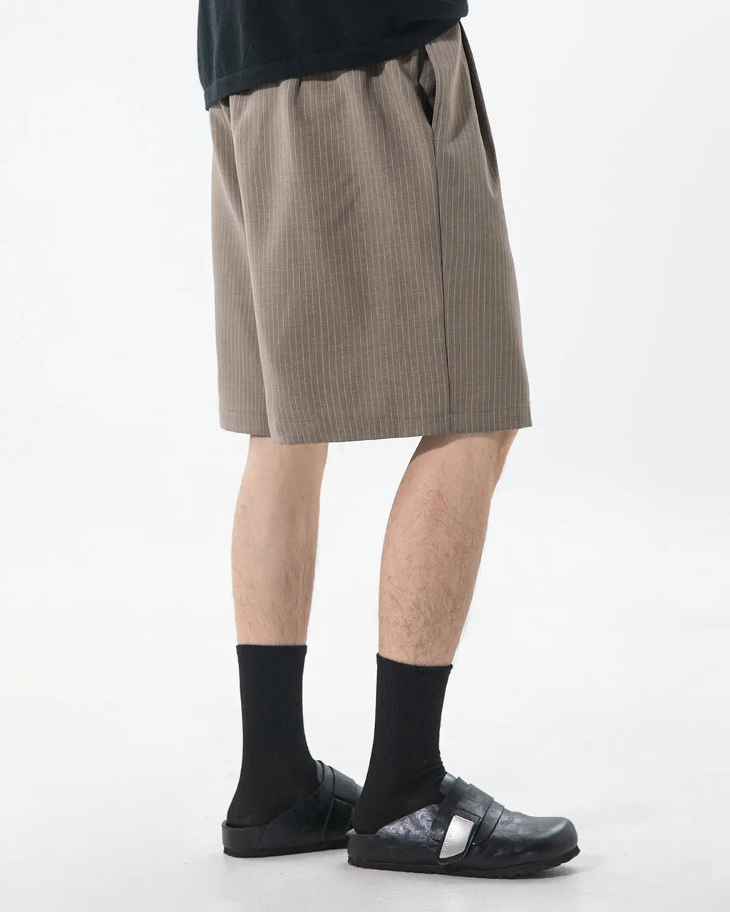 Inflation streetwear pinstripe pleated tailored shorts made of stylish pants fabric, featuring a high waist and tailored fit.