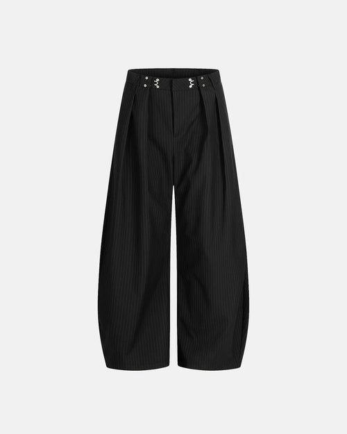 Black striped barrel pants by Flation Streetwear, featuring a relaxed fit and bold striped pattern for casual street style.