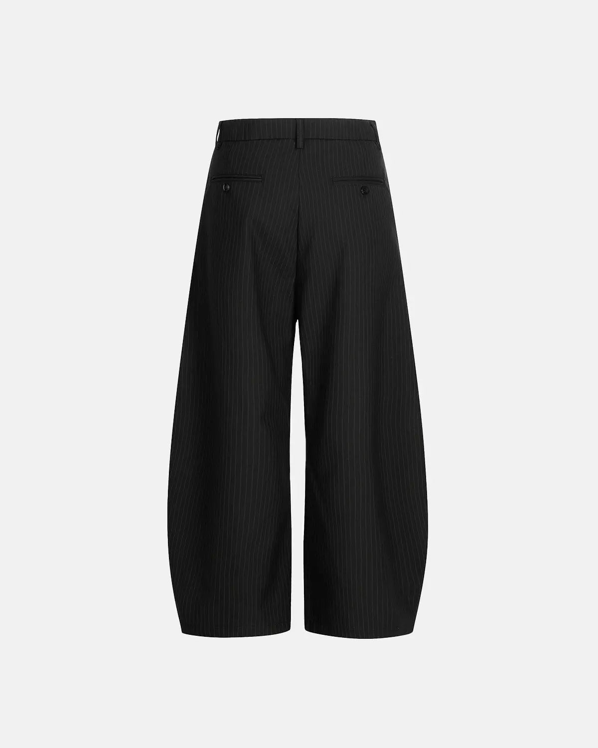 Black striped barrel suit pants by Flation, casual streetwear pants with a relaxed fit and bold stripe pattern.