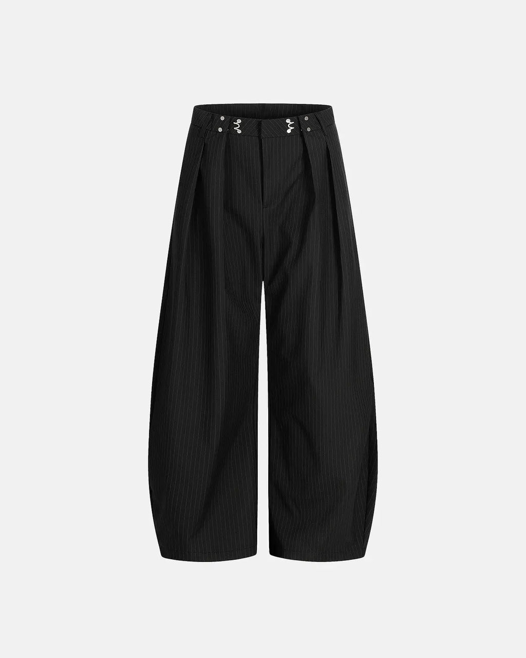 Black striped barrel suit pants by Flation Streetwear featuring a relaxed fit and stylish design.