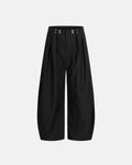 Black striped barrel suit pants by Flation Streetwear featuring a relaxed fit and stylish design.