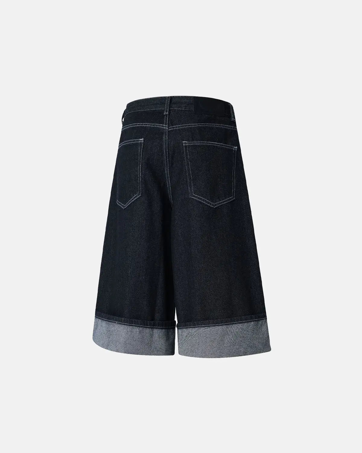 Black raw denim jorts with buckle detail, casual streetwear pants by Flation featuring distressed design and relaxed fit.