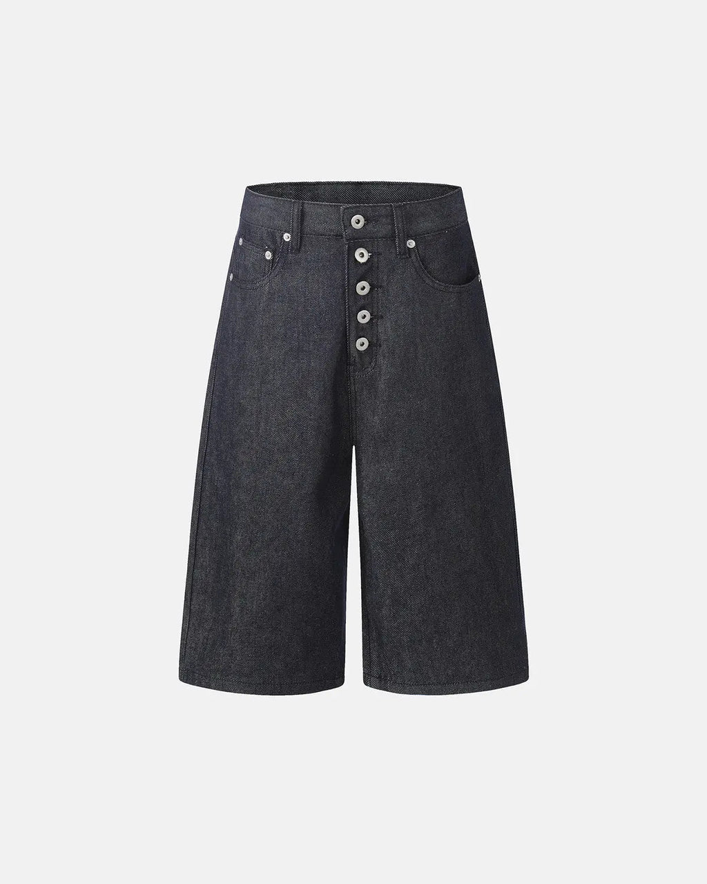 Black Flation Button Detail Baggy Denim Jorts, streetwear pants with relaxed fit and distressed denim style.