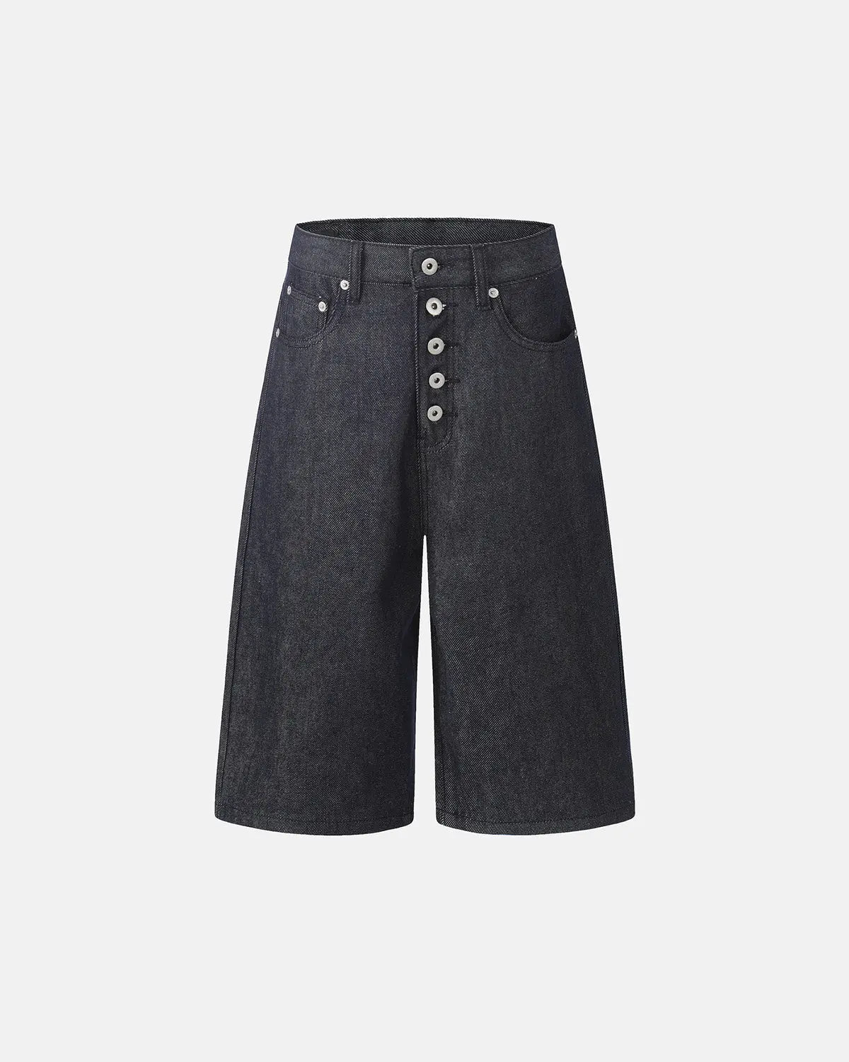 Black Flation Button Detail Baggy Denim Jorts, streetwear pants with relaxed fit and distressed denim style.