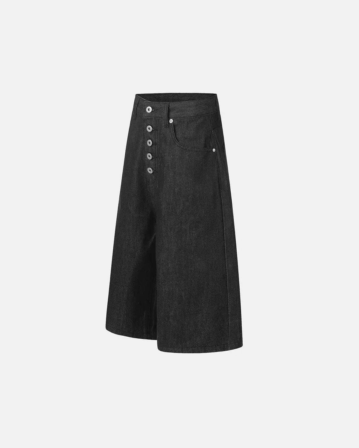 Black button-detail baggy denim jorts by Flation, streetwear pants with relaxed fit and stylish distressed denim design.
