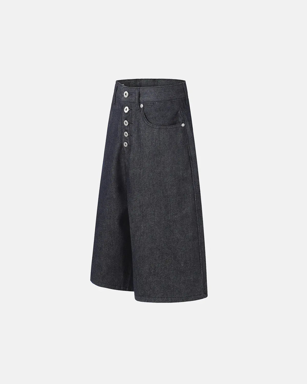 Black flation streetwear baggy denim jorts with button details, casual pants featuring a relaxed fit and distressed style.