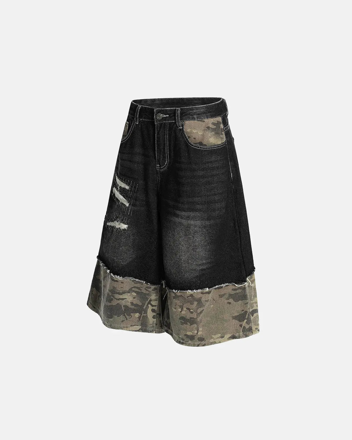 Black camo patchwork washed denim jorts by Flation, casual streetwear pants with a rugged, stylish design.